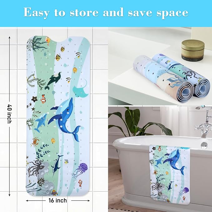 Secopad Bath Mat for Tub Non Slip, Machine Washable Anti-Slip Cartoon Baby Bathtub Shower Mat with Drain Holes and Suction Cups for Toddler & Kids (40 Inch x 16 Inch-Rectangular, Blue Dolphine)