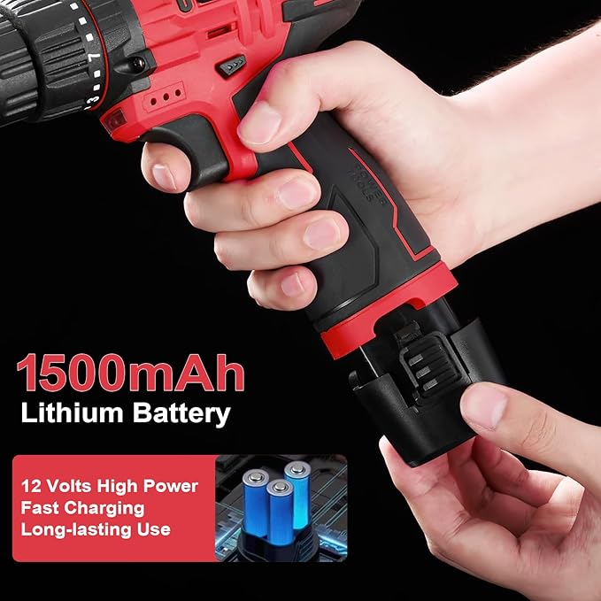 Cordless Drill Tool Set: 12V Power Drill Tool Kit with Battery & Charger, 142Pcs Hand Drill DIY Toolbox, Portable Household Basic Electric Drill Set for Men & Women, Red