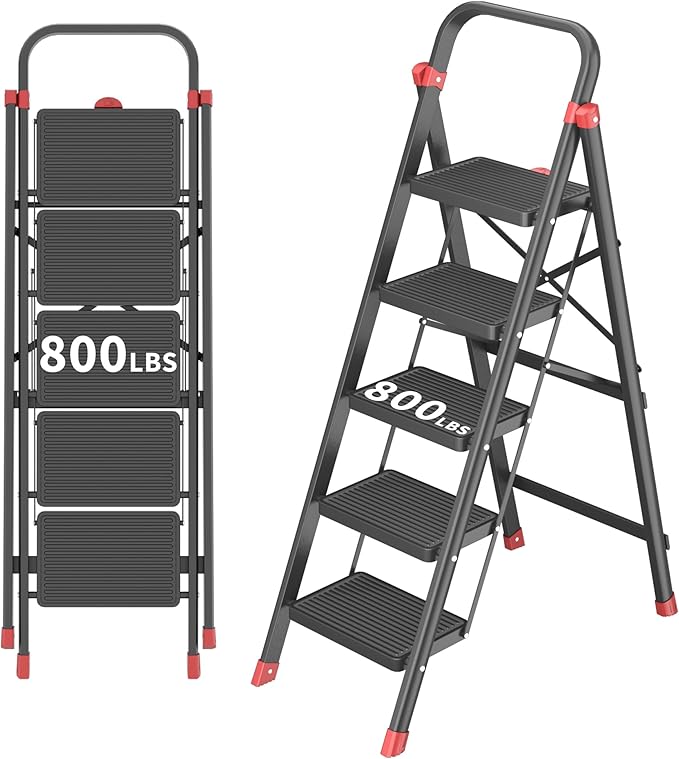 DIAMONDFORGE 5-Step Folding Step Stool Ladder, Heavy Duty Steel with Anti-Slip Wide Pedals & Feet, 800 lbs Capacity for Home Kitchen, Black Red