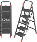 DIAMONDFORGE 5-Step Folding Step Stool Ladder, Heavy Duty Steel with Anti-Slip Wide Pedals & Feet, 800 lbs Capacity for Home Kitchen, Black Red