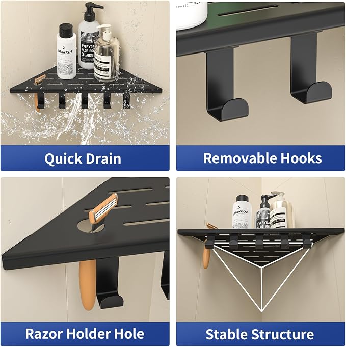Corner Shower Shelf w/Hooks, Grout in Bathroom Shelves for Tiled Wall, 304 Stainless Steel Recessed Shower Shelf (Matte Black, 12''-2pcs)