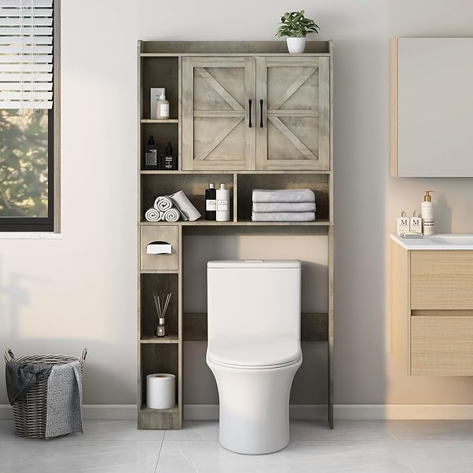 Vabches Over The Toilet Storage Cabinet, Farmhouse Storage Cabinet Over Toilet with 2 Barn Door & Toilet Paper Holder Stand，Home Space-Saving Toilet Rack, for Bathroom, Restroom, Laundry