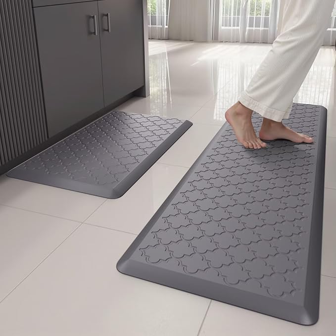 Kitchen Mats for Floor 2 Piece - Anti Fatigue Mats for Kitchen Floor - Non Slip Cushioned Rugs for Standing, Office, Sink, Laundry, Grey