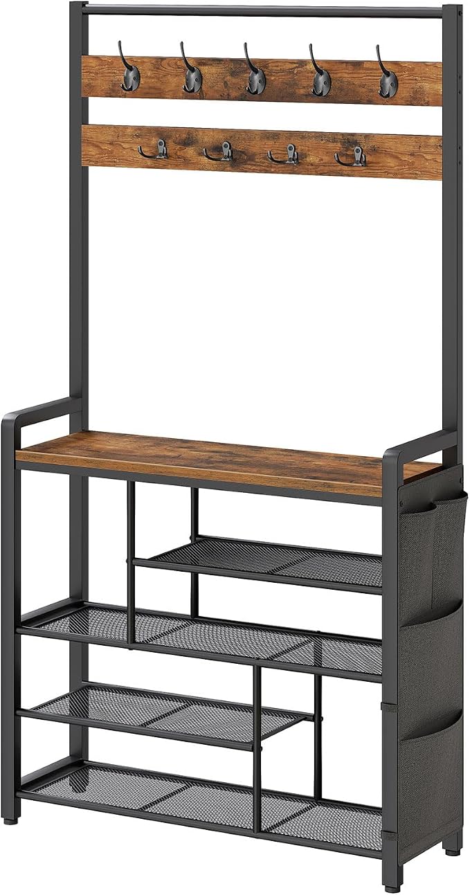 HOOBRO Hall Tree with Bench, Shoe Rack with Coat Rack, Coat Rack with Shoe Storage, 5 Tier Shoe Storage Organizer with Oxford Fabric Side Pockets, Coat and Shoe Rack Entryway, Rustic Brown BF45MT01
