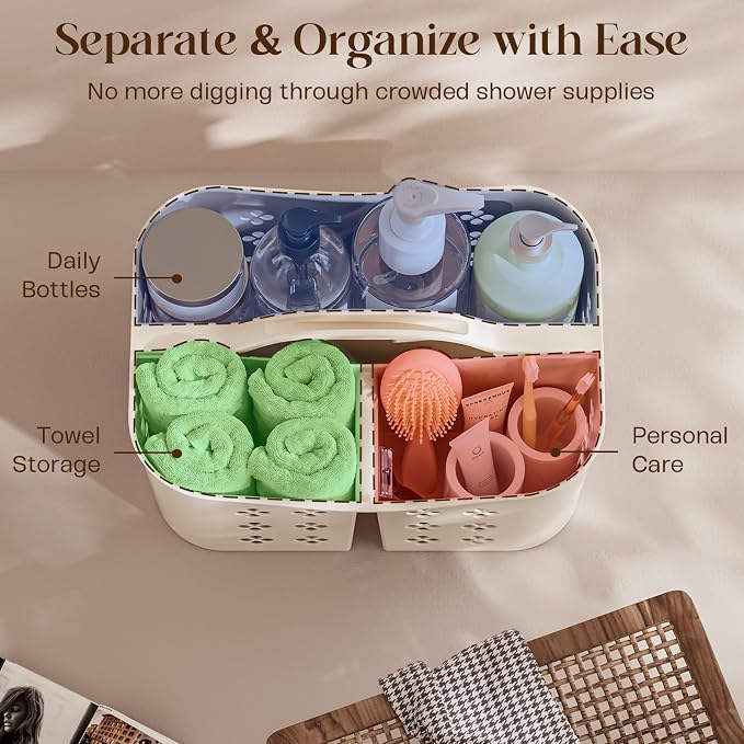 Portable Shower Caddy with Handle, Large Capacity Shower Basket Organizer, Quick-Drain Bathroom Storage Tote, Durable Plastic Shower Organizer for College Dorm, Beach, Gym, Travel Essentials, Beige