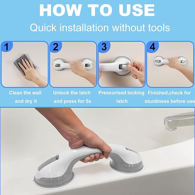 Shower Handles for Elderly Suction Seniors Cup 12 Inch Grey Grab Bar Safety Rail for Bathtubs Showers Bathroom Walls Tub Toilet with Strong Hold Grip Injury Handicap Elderly