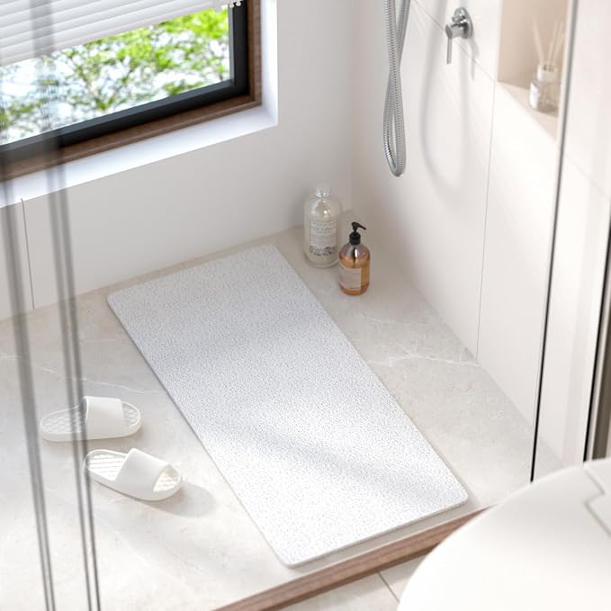 HITSLAM Bathtub Mat Non Slip, 35 x 16 Inch Long Soft PVC Loofah Shower Mat, Bath Mat for Tub Without Suction Cups, Quick Drying Bath Tub Mat for Shower and Bathroom, Easy to Clean, White