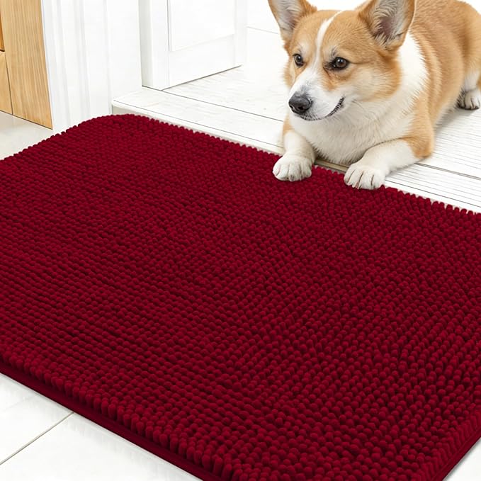 OLANLY Dog Door Mat for Muddy Paws 24x16, Absorbs Moisture and Dirt, Absorbent Non-Slip Washable Doormat, Quick Dry Chenille Mud Mat for Dogs, Entry Indoor Entryway Carpet for Inside Floor, Red