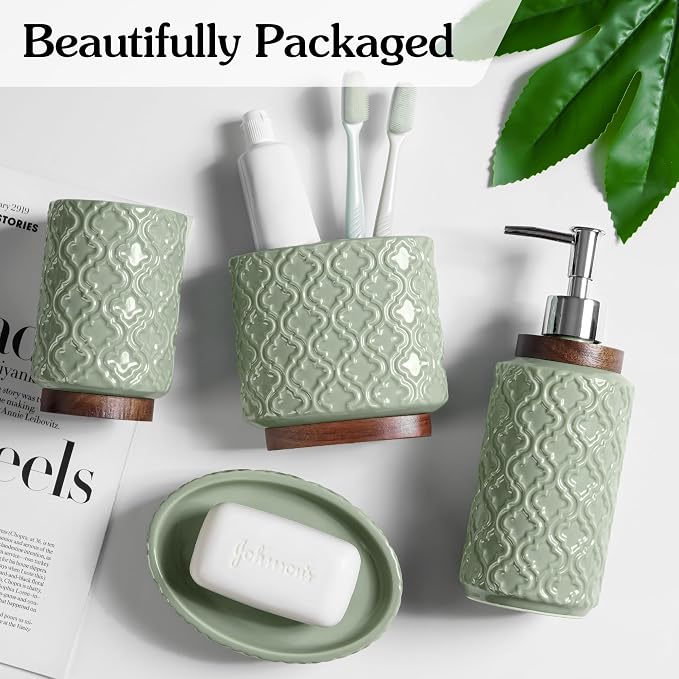 RQYIXI 4 Piece Bathroom Accessories Set, Green Ceramic Bath Accessory Set with Wood Accents, Soap Dispenser, Toothbrush Holder, Tumbler and Soap Dish, Elegant Bathroom Countertop Decor