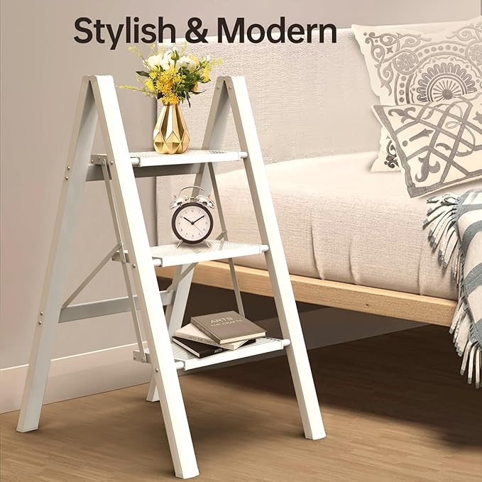 Aluminium 3 Step Ladder Folding Stool-330lb Capacity Ladders with Anti-Slip Wide Pedal Portable Kids/Adults, Lightweight Ladder, Portable Multi-use Scene for Home/Kitchen/Office/Garden/Yard