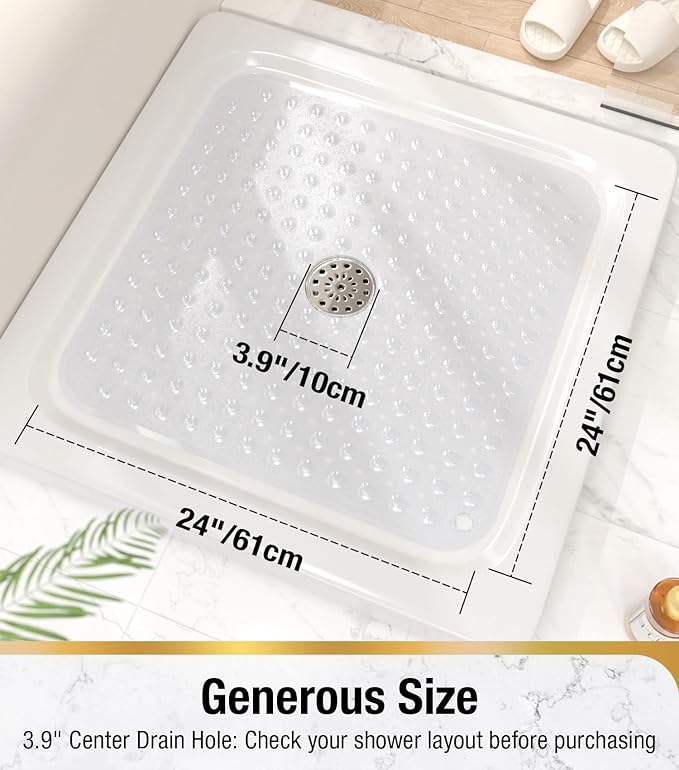 HITSLAM Shower Bathtub Mat Non Slip, 24"x 24" Bath Mat for Tub, Soft PVC Shower Mats for Inside Shower with Suction Cups and Center Drain Hole, Machine Washable Bathroom Floor Mat, Clear