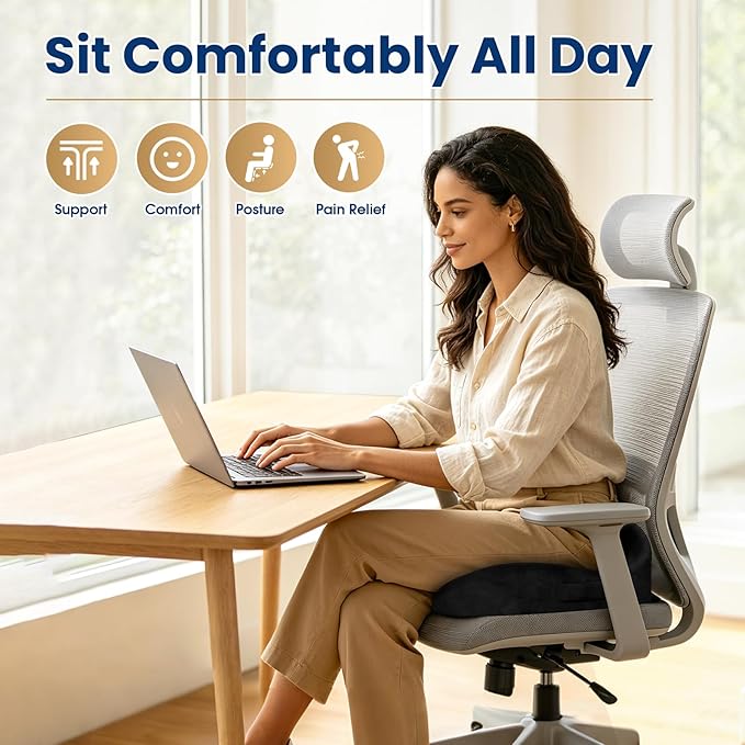 Ergonomic Seat Cushion for Office Chair, Memory Foam Coccyx Cushion for Tailbone Pain Relief, Non-Slip Washable Cover, Pressure Relief Chair Pad for Office, Car, Wheelchair & Home Black