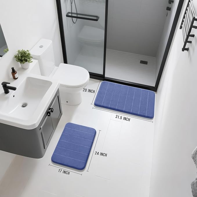 Yimobra Memory Foam Bathroom Rugs Sets 2 Piece - Super Soft Absorbent Quick Dry Bath Mat Set, Machine Washable Non Slip Floor Carpet for Tub Shower & Single Sink (17x24 & 31.5x20 Inch, Navy Blue)