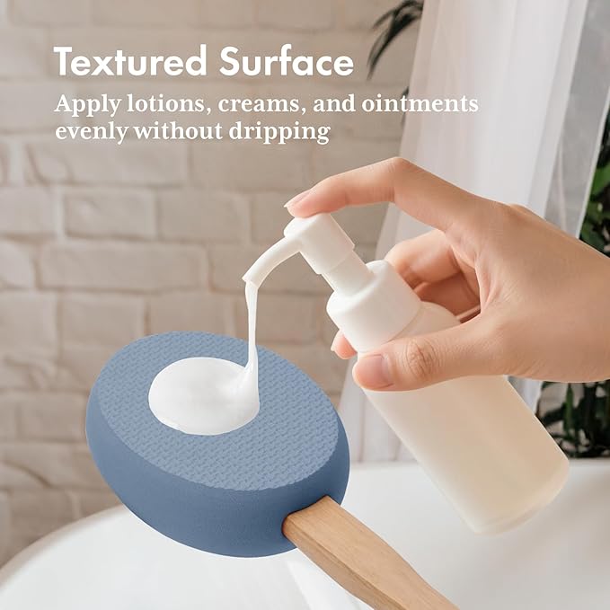 AmazerBath Lotion Applicator for Back, Feet, 4 Replacement Pads with 17" Curved Handle, Back Sunscreen Applicator for Kids, Elderly, Women, Apply Skin Cream Medicine Moisturizer Tanner, Slate Blue