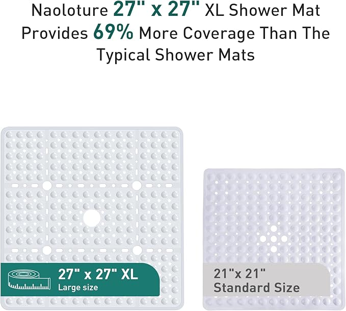 Large Square Shower Mat 27 x 27 Inch White, Non Slip Shower Bathtub Mats for Inside Shower With Big Suction Cups Drain Holes, Anti Slip Bathroom Floor Shower Stall Mats, Easy Clean, BPA-Free