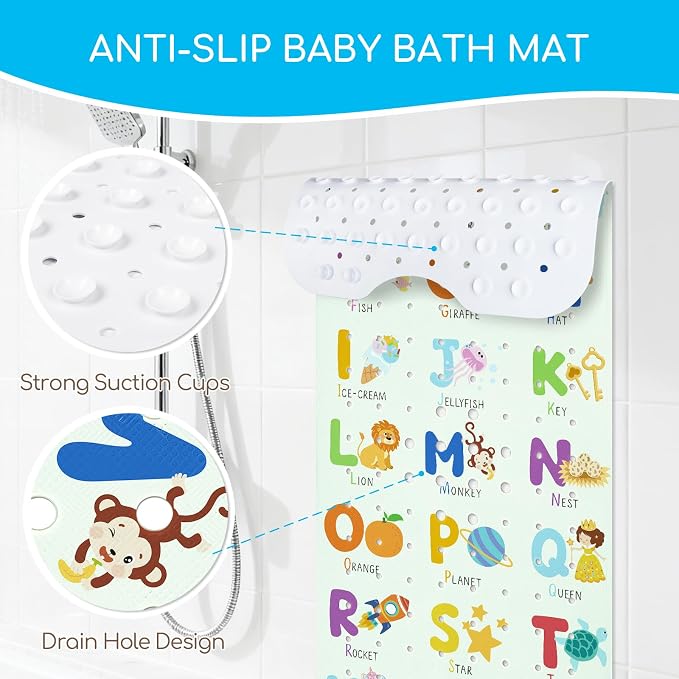 Baby Bath Mat for Tub, Non Slip Kids Bath Shower Mat, 40 X 16 Inch Large Bathtub Mat with Drain Holes and Suction Cups for Toddlers, Machine Washable and Waterproof (Alphabet)