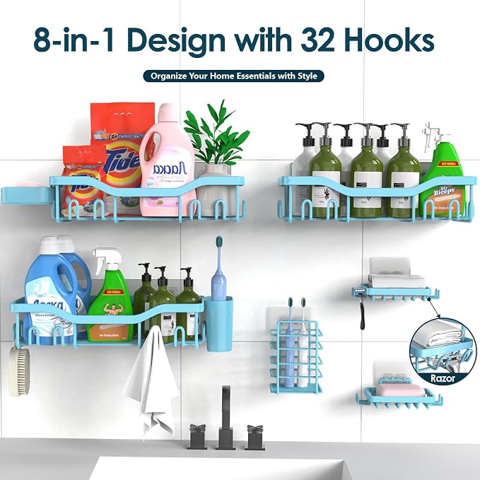 NESOMI Shower Caddy Adhesive Shower Organizer 8-Pack, Rustproof Stainless Steel Bathroom Shelves, Large Capacity No-Drill Rack Storage Accessories with Soap Dish Toothbrush Holder Hooks