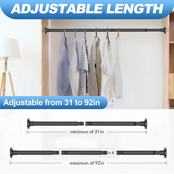 CorkLatta Black Shower Curtain Rod 31 to 92 Inch,1 Inch Diameter Adjustable Spring Tension Stainless Steel Telescoping Rod,Easy Install,No Rust