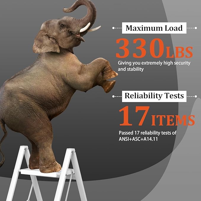 DIAMONDFORGE 2 Step Ladder, Lightweight Folding Step with Wide Anti-Slip Pedal & Feet, 330 lbs Capacity，Sturdy Steel Step Ladder for Home,Kitchen and Office, White