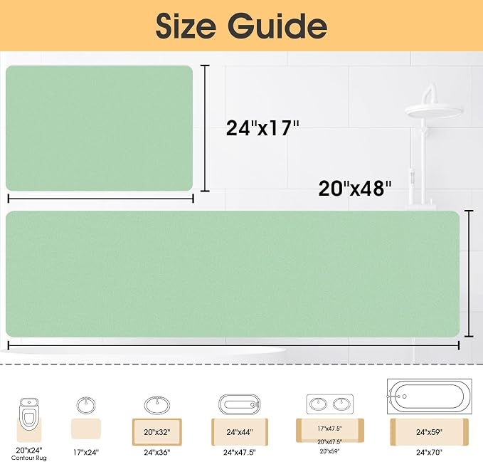 ACCUMTEK Non Slip Bath Mat, Thin Bathroom Rugs Fit Under Door, Quick Dry Bath Mats, Machine Washable Bath Rugs for Bathroom, Bathtub & Kitchen, Sage Green/Solid/24 x17+48"x20"