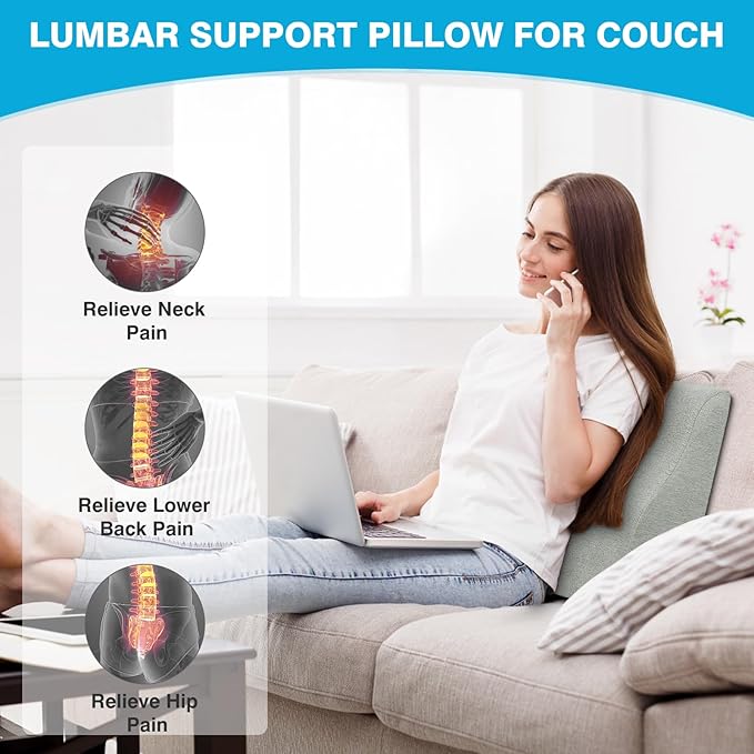 Lumbar Support Pillow for Recliner & Back Pillow for Couch, Dual Layer Memory Foam Back Support for Deep Recliner Chair for Senior Citizen to Sit Up Straight Light Grey