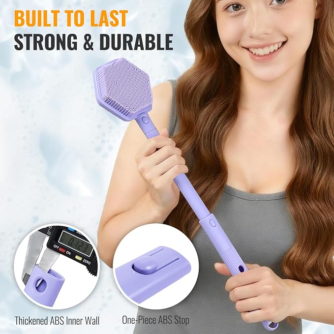 AIMAIAIMAI Silicone Back Scrubber for Shower – 21in Extendable Shower Brush with Long Handle – Dual-Sided Back Brush with Non-Slip Grip, Gentle Cleansing & Exfoliation for Men, Women, Elderly (Purple)
