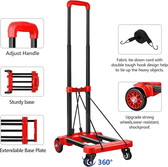 KEDSUM Folding Hand Truck, 290 lbs Dolly Cart with Wheels, Collapsible Hand Truck Dolly, Foladable Utility Cart Lightweight and Portable Luggage Cart for Airport Travel, Moving and Office Use, Red