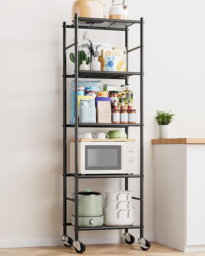 Sakugi Storage Shelves Organizer - 5 Tier Metal Shelf Organizer with Metal Wheels and Adjustable Leveling Feet, Heavy Duty Garage Shelving for Kitchen, Pantry and Closet, 18.1"x12.6"x58.7", Black