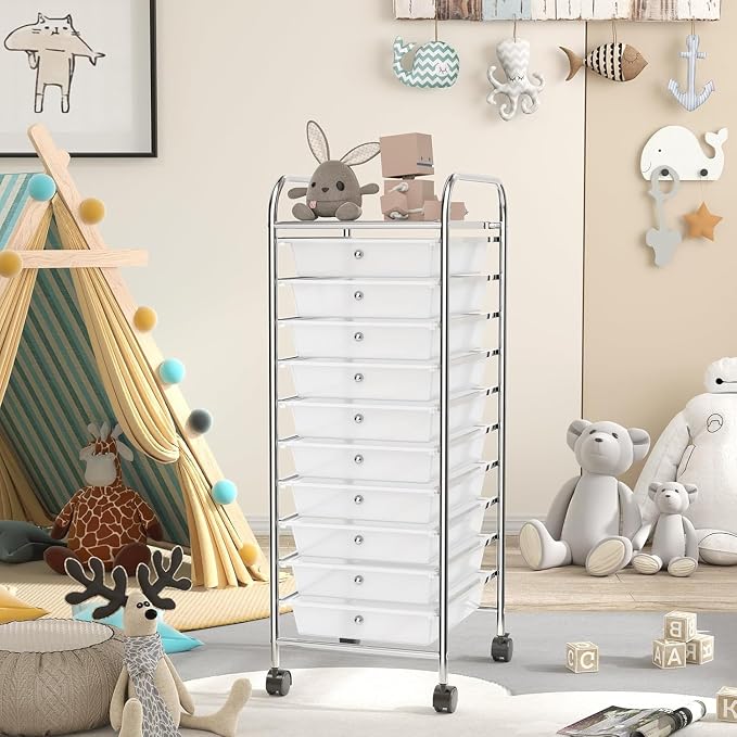 10-Drawer Rolling Storage Cart, Trolley w/Lockable 360° Wheels, 10 Removable PP Drawers, Sturdy Metal Frame, Rolling Utility Cart Perfect for Home, Office, Classroom (Clear)