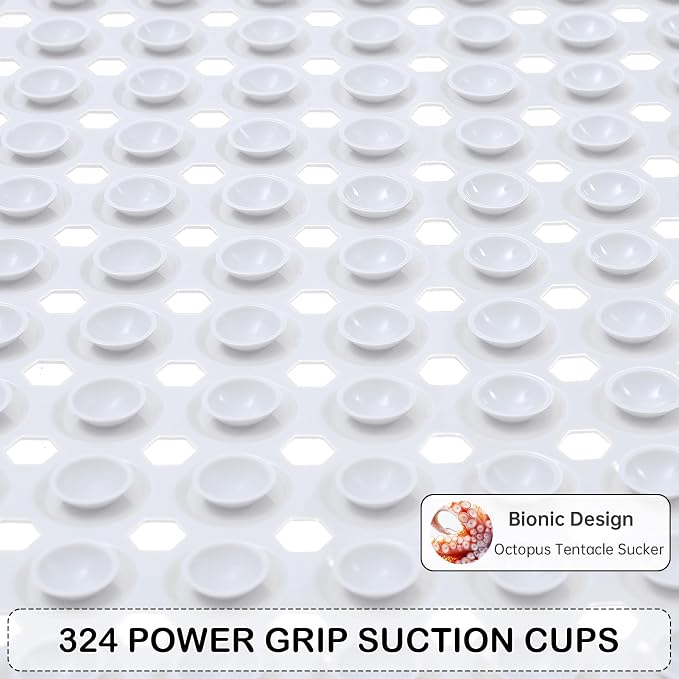 Non-Slip Bathtub and Shower Mats, Power Grip Bath Mat 35 x 16.3 Inch with Suction Cups and Drain Holes for Tub Bathroom Floor Safety, Machine Washable Soft Bathmat, White