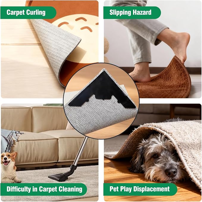 8 Pcs Large Non Slip Rug Pads Carpet Tape for Hardwood & Tile,No Residue | Reusable Extra Thick Double Sided Adhesive,Secures Area Rug Corners,Fits Laminate Carpet Floors,Rug Stickers,No Damage