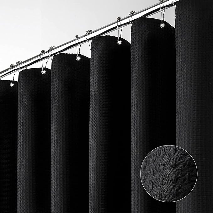 Dynamene Stall Fabric Shower Curtain - 60 x 84 inch Long Waffle Weave Weighted Thick Cloth Shower Curtains for Bathroom, Neutral Heavy Duty Hotel Spa Luxury Bath Curtain Set with 10 Hooks, Black