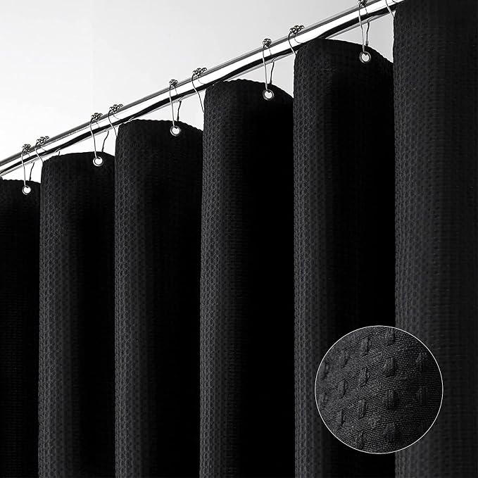 Dynamene Stall Fabric Shower Curtain - 54x78 inch Long Waffle Weave Weighted Thick Cloth Shower Curtains for Bathroom,Neutral Heavy Duty Hotel Spa Luxury Bath Curtain Set with 10 Plastic Hooks,Black