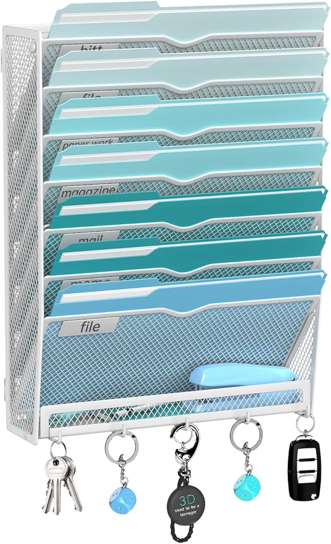 8-Tier Hanging Wall File Organizer with 5 Hooks, Mesh Wall File Holder Vertical Mount Mail Organizer for Papers, Folders, Magazines, Bills, Office and School, White