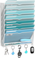 8-Tier Hanging Wall File Organizer with 5 Hooks, Mesh Wall File Holder Vertical Mount Mail Organizer for Papers, Folders, Magazines, Bills, Office and School, White