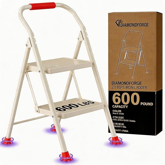 Foldable Folding Step Ladder Stool - 2 Stepping Tall Extension Heavy Duty with Handrails for Home Adults Kitchen - Extendable Stepladder Closet Stepstool Stair Ladders for Indoor House 600Lbs