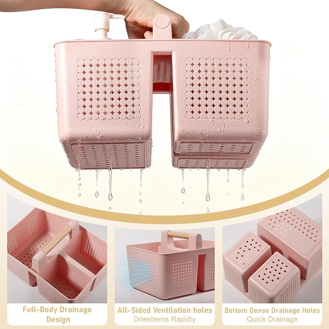 JiatuA Shower Caddy Basket Portable Caddy Organizer with Handle Cleaning Supplies Caddy Plastic Tool Storage for Bathroom Kitchen College Dorm Bedroom, Pink