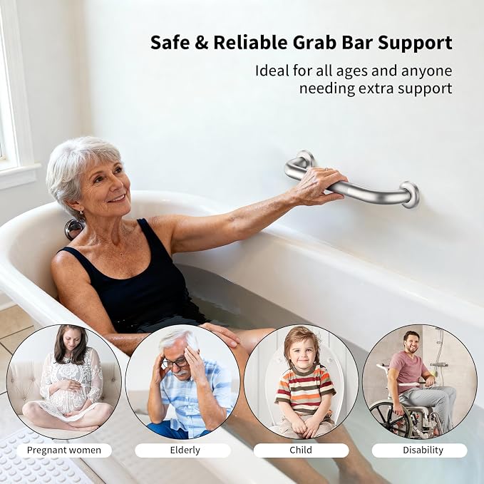 Shower Grab Bar 12 Inch, iHansee Brushed Nickel Bathroom Grab Bar w/Anti-Slip Knurled Grip, Stainless Steel Bath Safety Bars Support Handrail for Senior Elderly, Toilet Bathtub Balance Handle for Wall