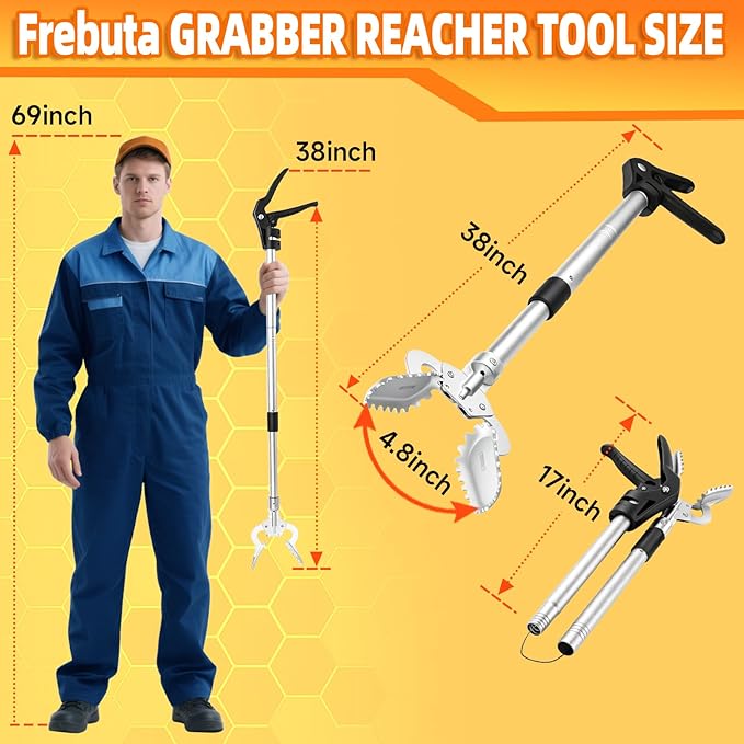 Heavy Duty Reacher Grabber Pickup Tool,38inch Short Fireplace Fits Grabber Reacher Tool Aluminum Alloy Trash Picker Wide Jaws Hollow Wood Grabber Tool Log BBQ Tongs with Study Durable Handle