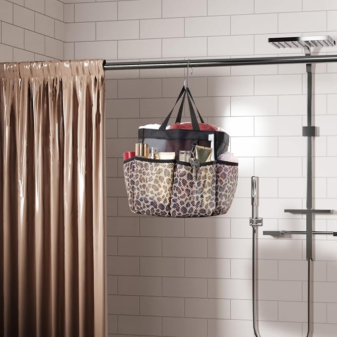 F-color Mesh Shower Caddy Portable - Shower Bag for College Dorm, Leopard | Quick Dry, with S Hook, College Dorm Room Essentials for Camp, Gym, Travel, Freshmen, Camping, Bathroom, Shower Tote
