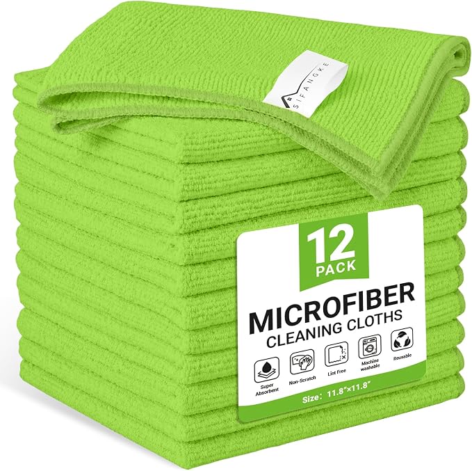 SIFANGKE Microfiber Cleaning Cloth, 12 Pack Limegreen Cleaning Rags for Housekeeping, Reusable Microfiber Towels for Car, Kitchen, Bathroom and Household Cleaning Supplies, 11.8"X11.8"