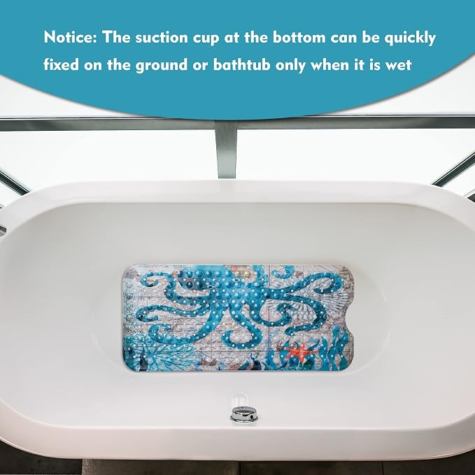 MOLFUJ Shower Mat, Octopus Non Slip Bathtub Mats for Bathroom, 40 X 16 inch Long Bath Tub Mat with Anti Slip Suction Cups and Drain Holes - Blue