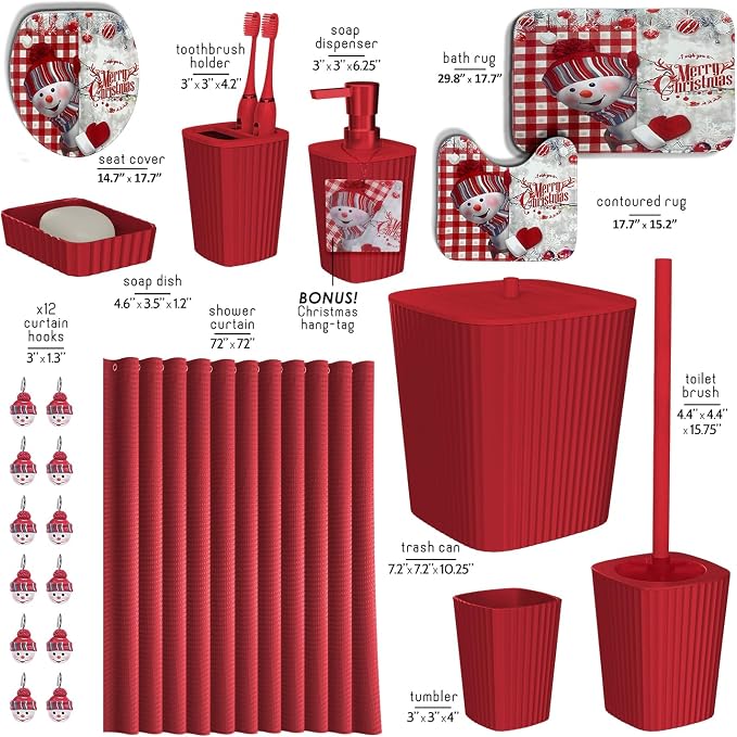 Clara Clark Christmas Bathroom Accessory Set - 22PC, Complete Set + Bath Rugs, Modern, Red & White, Polyester
