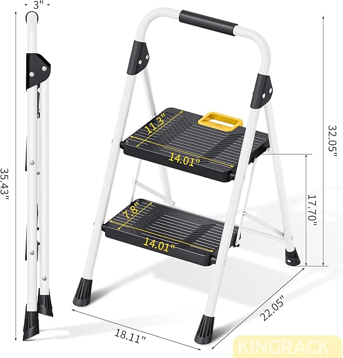 KINGRACK 2 Step Folding Ladder, 800lbs Capacity Step Stool with Safety Lock, Non-Skid Wide Pedals, and Handrail, Lightweight, Household Ladder for Home, Kitchen, Pantry, Closets, and Office Use, White