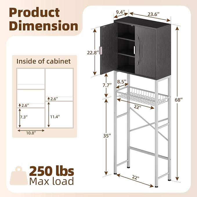 Kalrin Over The Toilet Storage Cabinet with Fluted Wave Doors and Adjustable Shelf, Wood Over Toilet Storage Rack with Drain Basket, Freestanding Bathroom Organizer for Balcony Laundry, Black & White