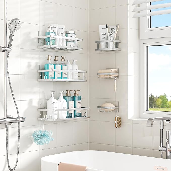 Youvip Shower Caddy 6 Pack, Adhesive Shower Shelves with Soap Holder, No Drilling Rustproof Large Capacity Bathroom Organizers and Storage, Silver