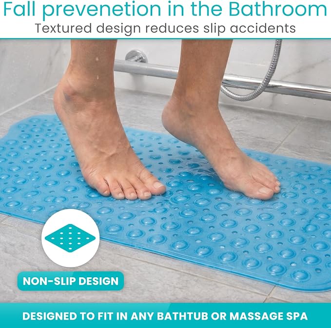Vive Bathtub Mat for Bath & Shower Floors - Anti Non Slip Suction Rubber Skid Pad for Tub, Bathroom, Elderly, Kids - Eco-Friendly, Resistant Strong, Textured Rectangle Grip - Machine Washable (Blue)