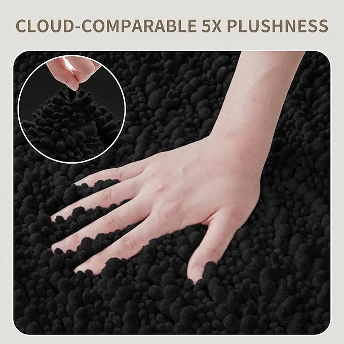 Bathroom Rugs Non Slip Washable 32x20, Extra Thick Soft Chenille Absorbent Bath Mat, High Density Barrier Non Slip Backing, Quick Dry Plush Shaggy Floor Carpet for Tub&Shower, Black