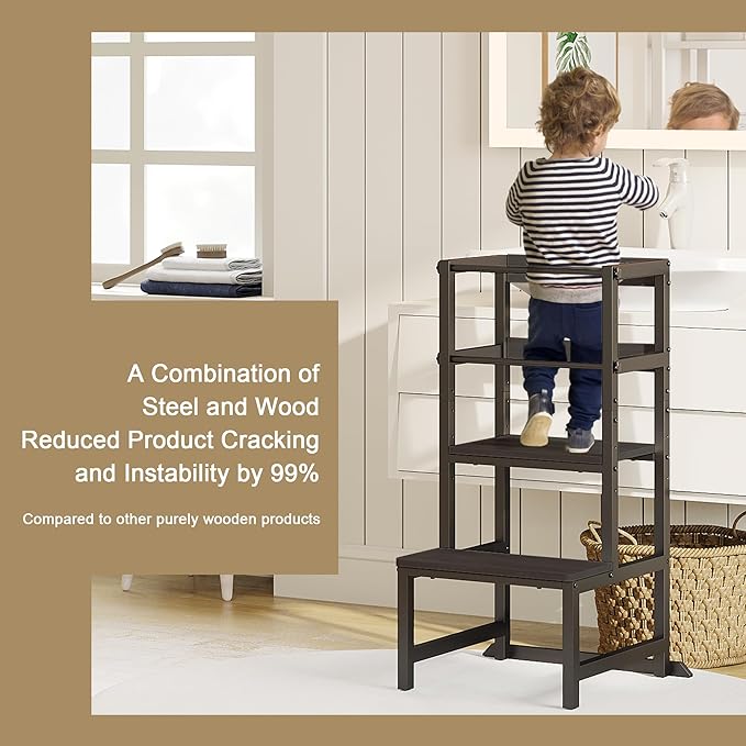 INNOD Kitchen Step Stool for Toddlers, Height Adjustable Toddler Tower with Safety Rail, Steel and Wood Toddler Kitchen Stool Helper Kids, Stool for Kids, Learning Tower, Kids' Desk Black