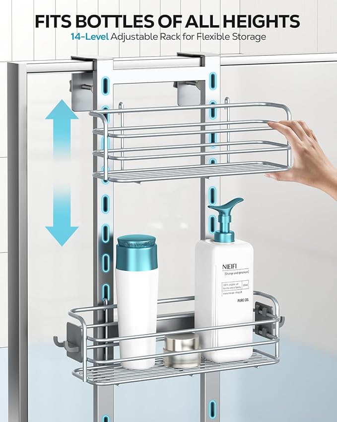 Nieifi Over The Door Shower Caddy Pantry Organizer Rack, Adjustable Hanging Shower Organizer Shelf Basket Storage Rack, Bathroom Shelves Drill Free Extra Large, Silver